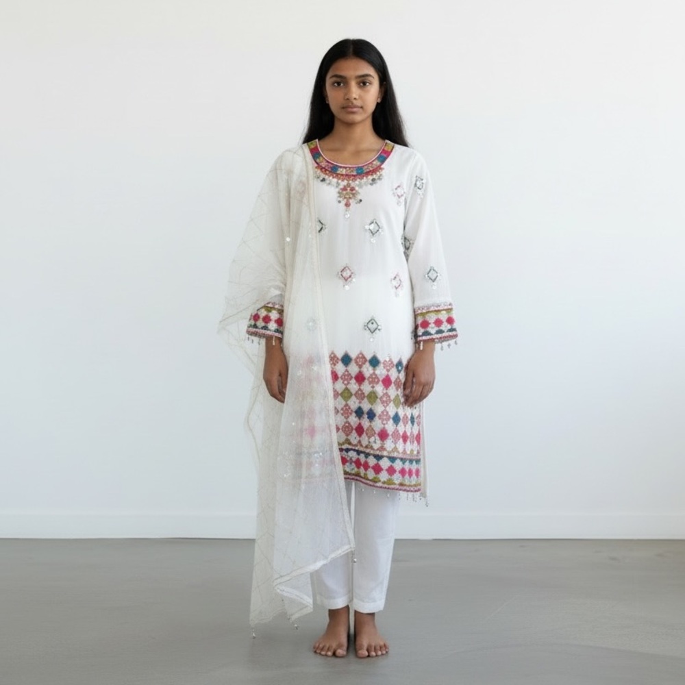 Shalwal Kameez Afghan Women’s Traditional Wear Lots of Hand Work 3 Pieces Sz L